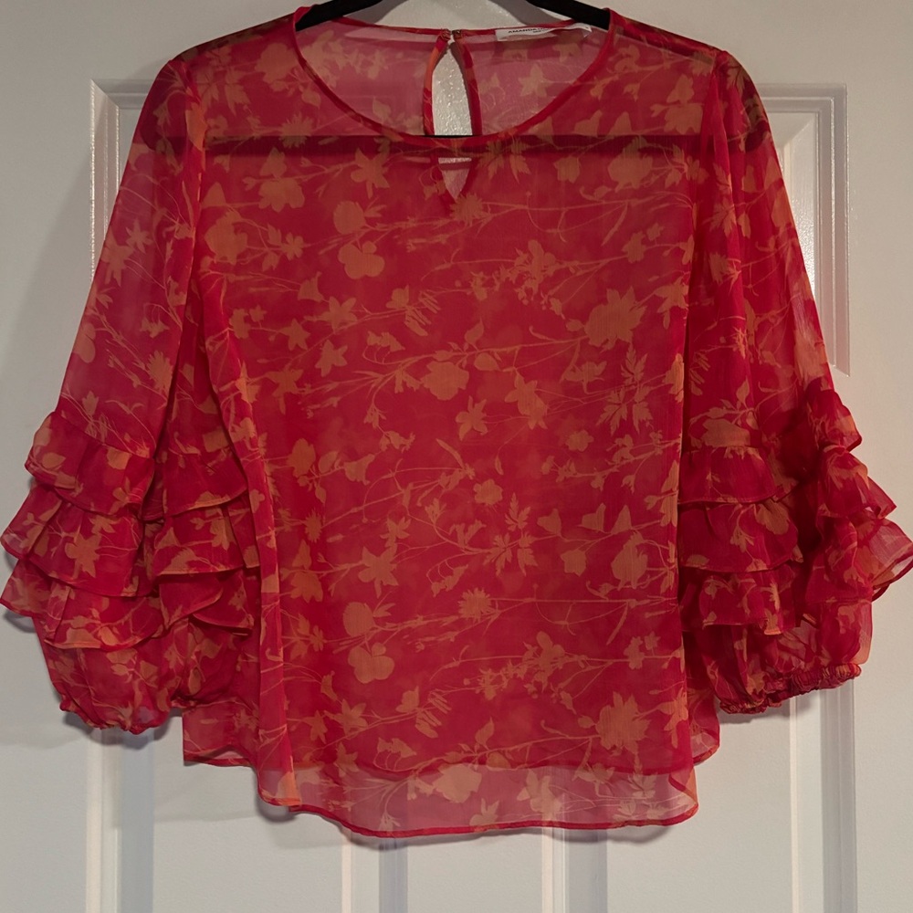 Amanda Uprichard Silk Sheer Red Floral Ruffle Sleeve Blouse, size Medium